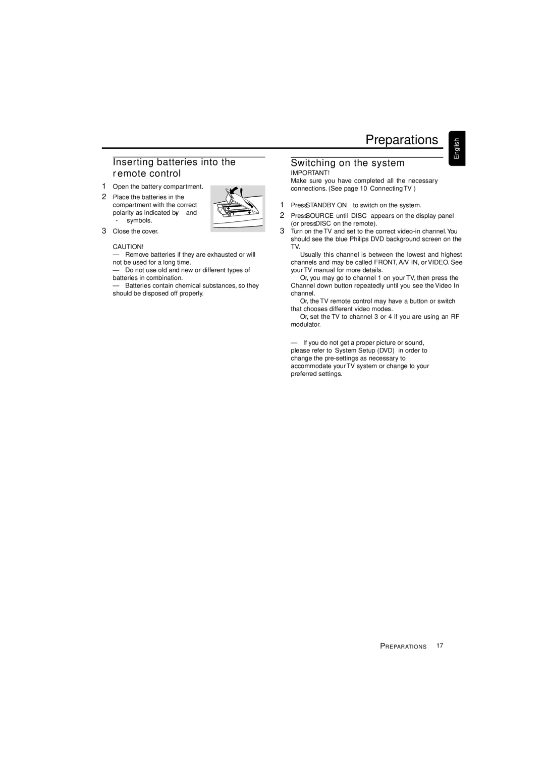 Philips LX3700D manual Preparations, Inserting batteries into the remote control, Switching on the system 