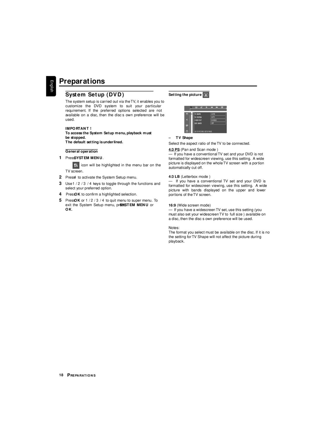 Philips LX3700D manual System Setup DVD, Setting the picture, TV Shape 