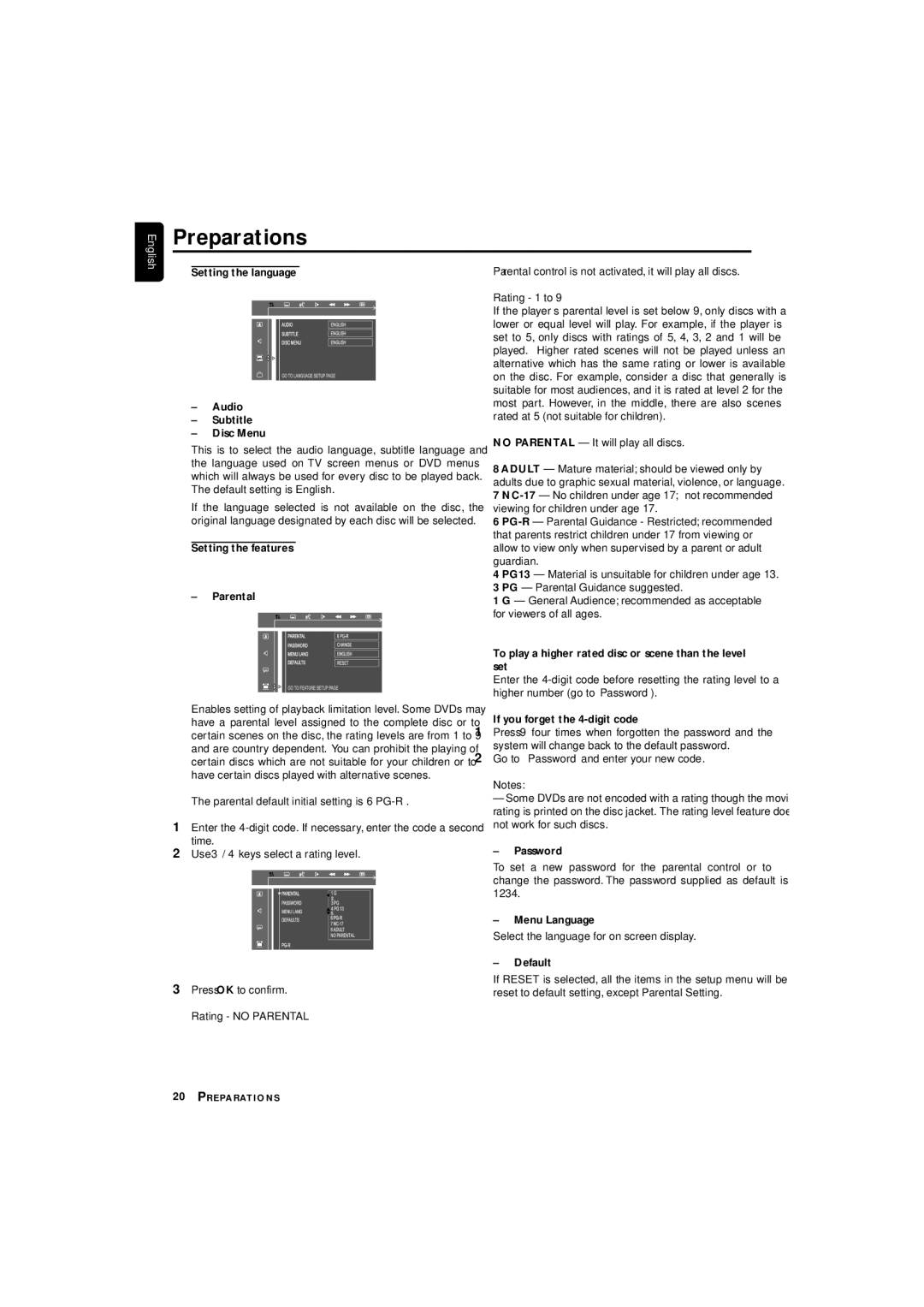 Philips LX3700D Setting the language Audio Subtitle Disc Menu, Setting the features Parental, Password, Menu Language 