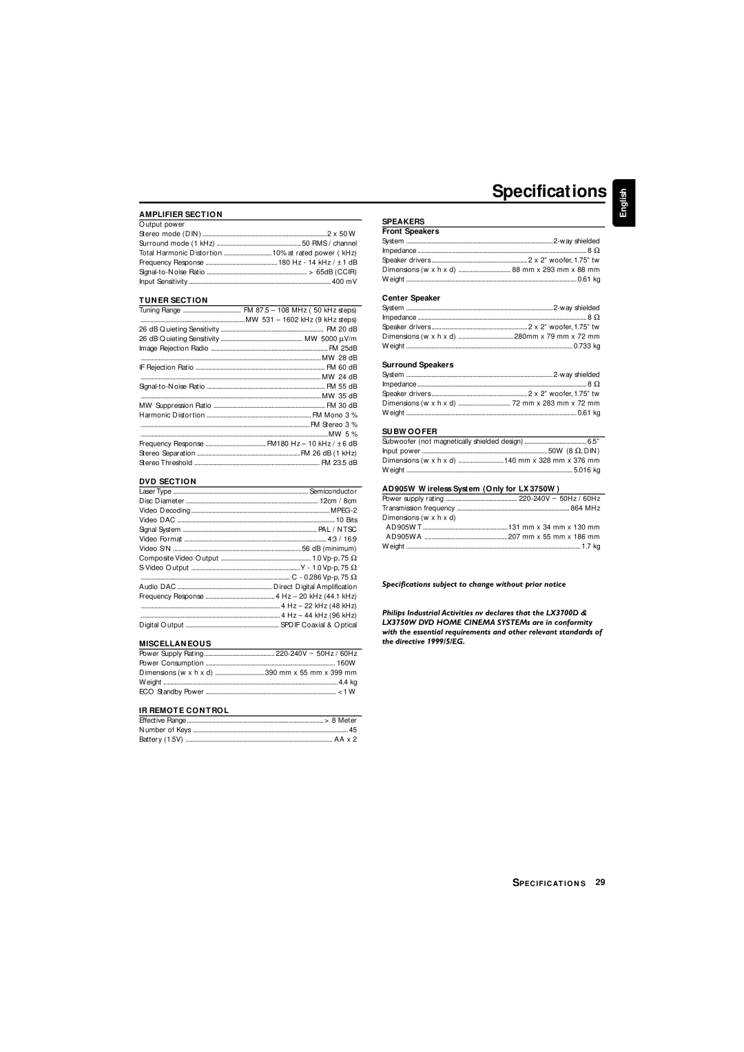 Philips LX3700D manual Specifications, Amplifier Section 