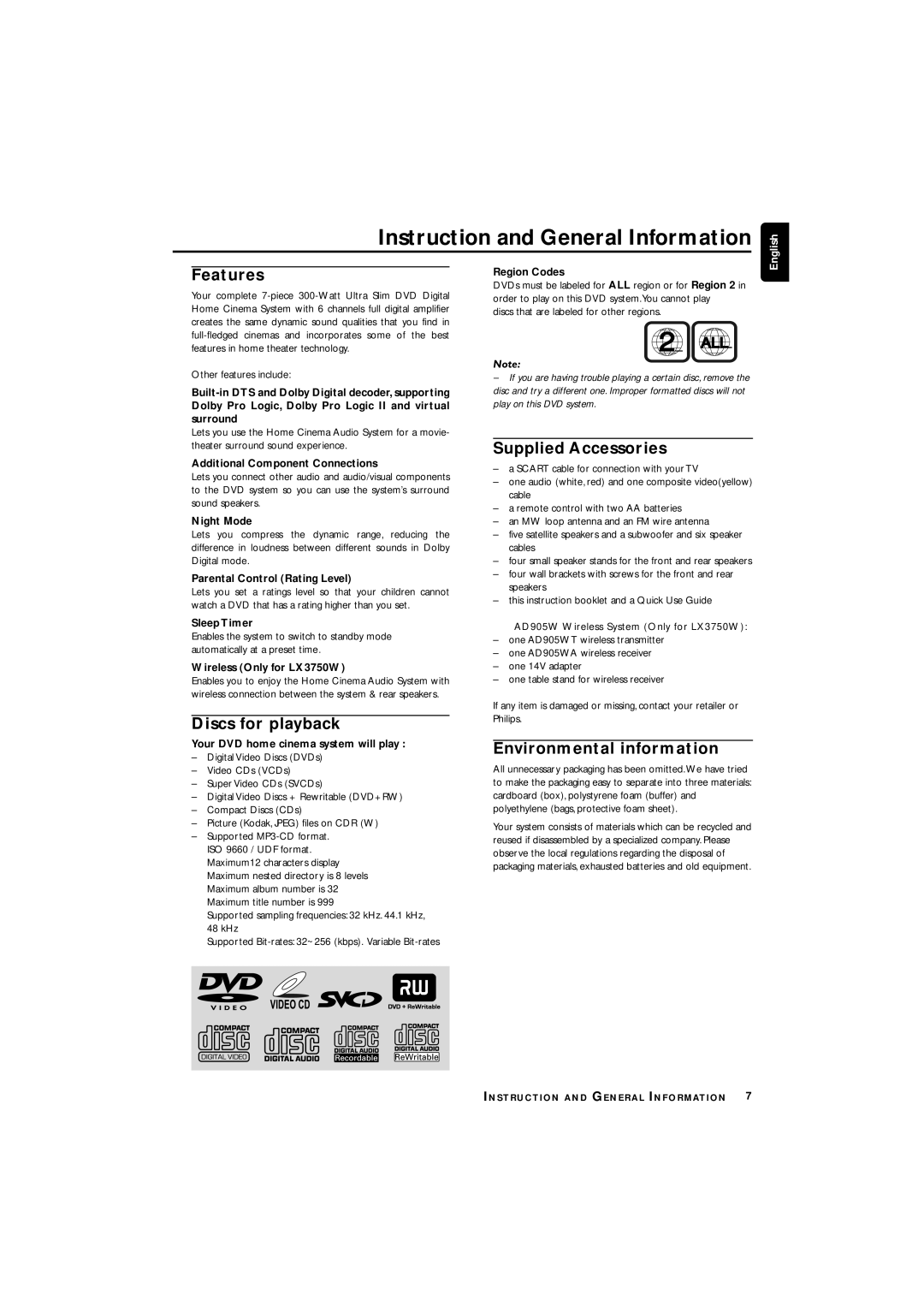 Philips LX3700D manual Instruction and General Information, Features, Discs for playback, Supplied Accessories 