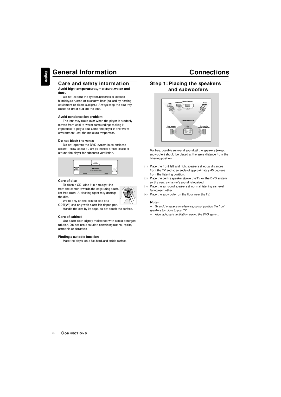 Philips LX3700D manual General Information, Care and safety information, Placing the speakers and subwoofers 