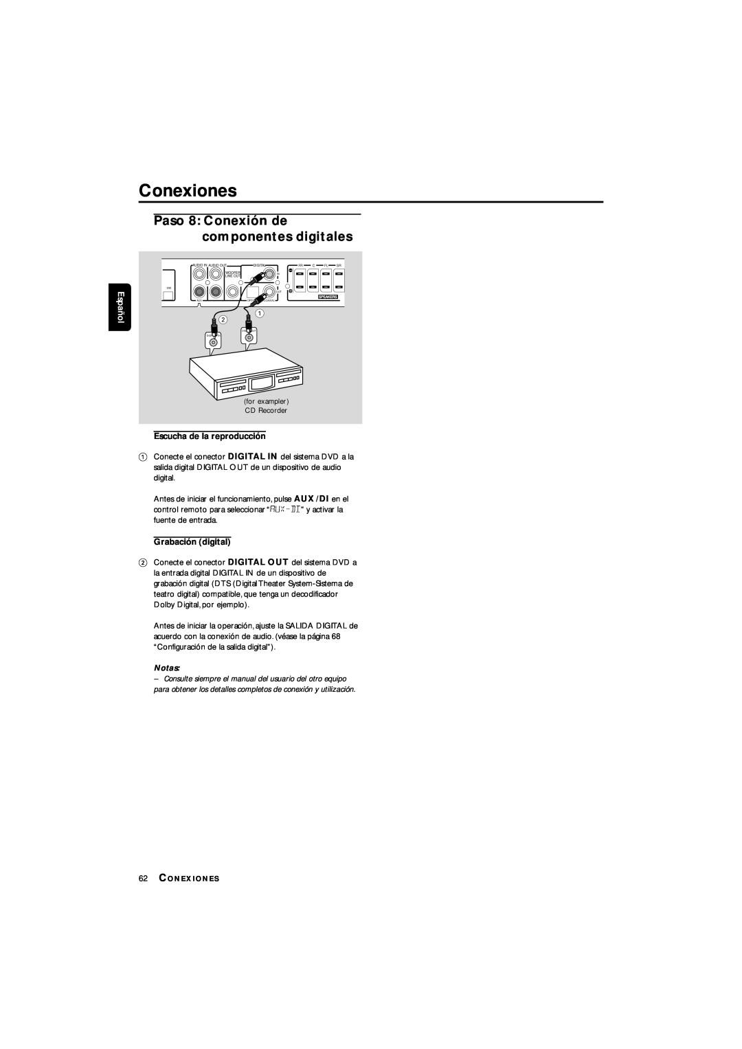 Philips LX3700D manual Conexiones, Paso 8 Conexión de componentes digitales, Escucha de la reproducción, Grabación digital 