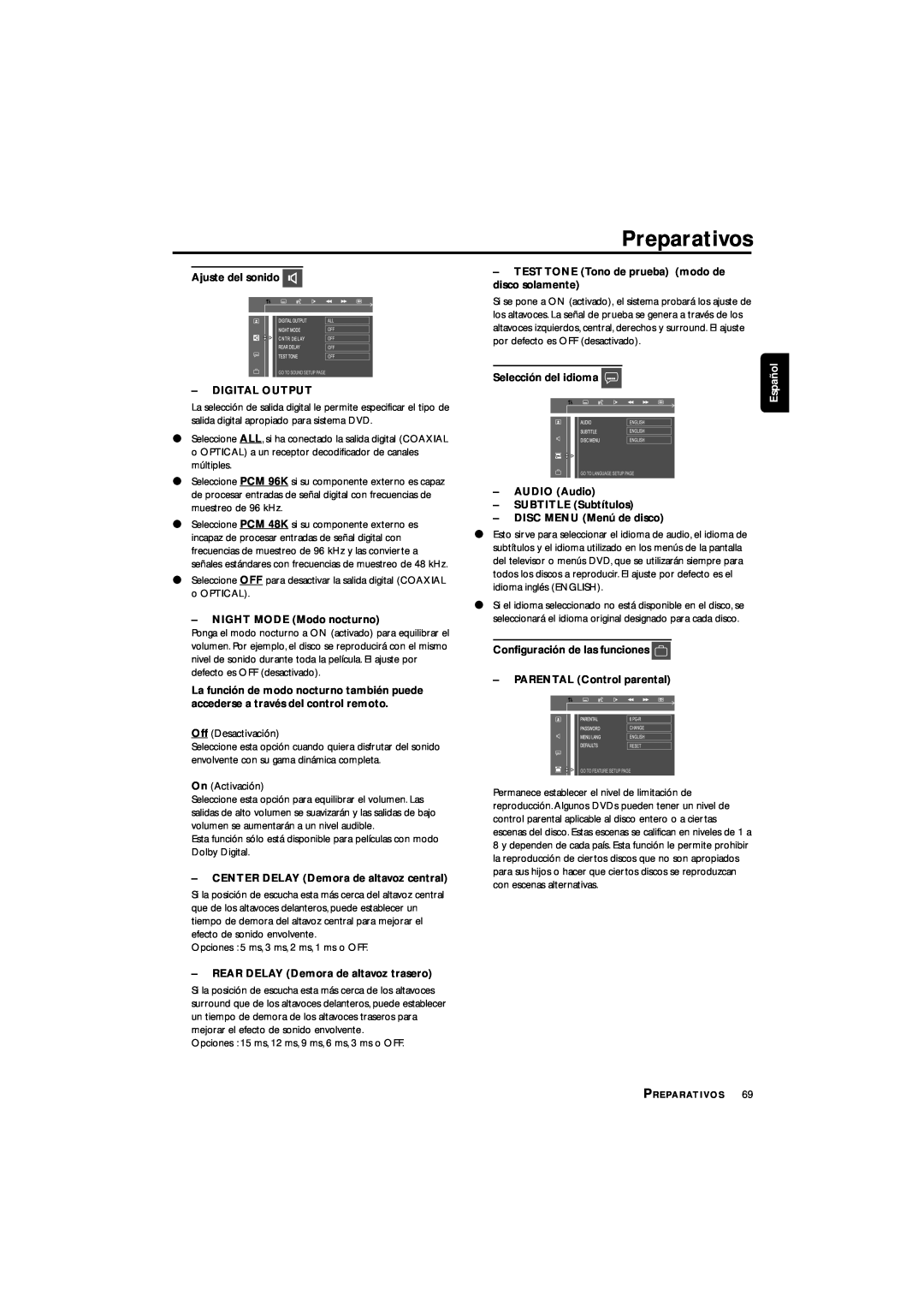 Philips LX3700D manual Preparativos, Ajuste del sonido, Español 