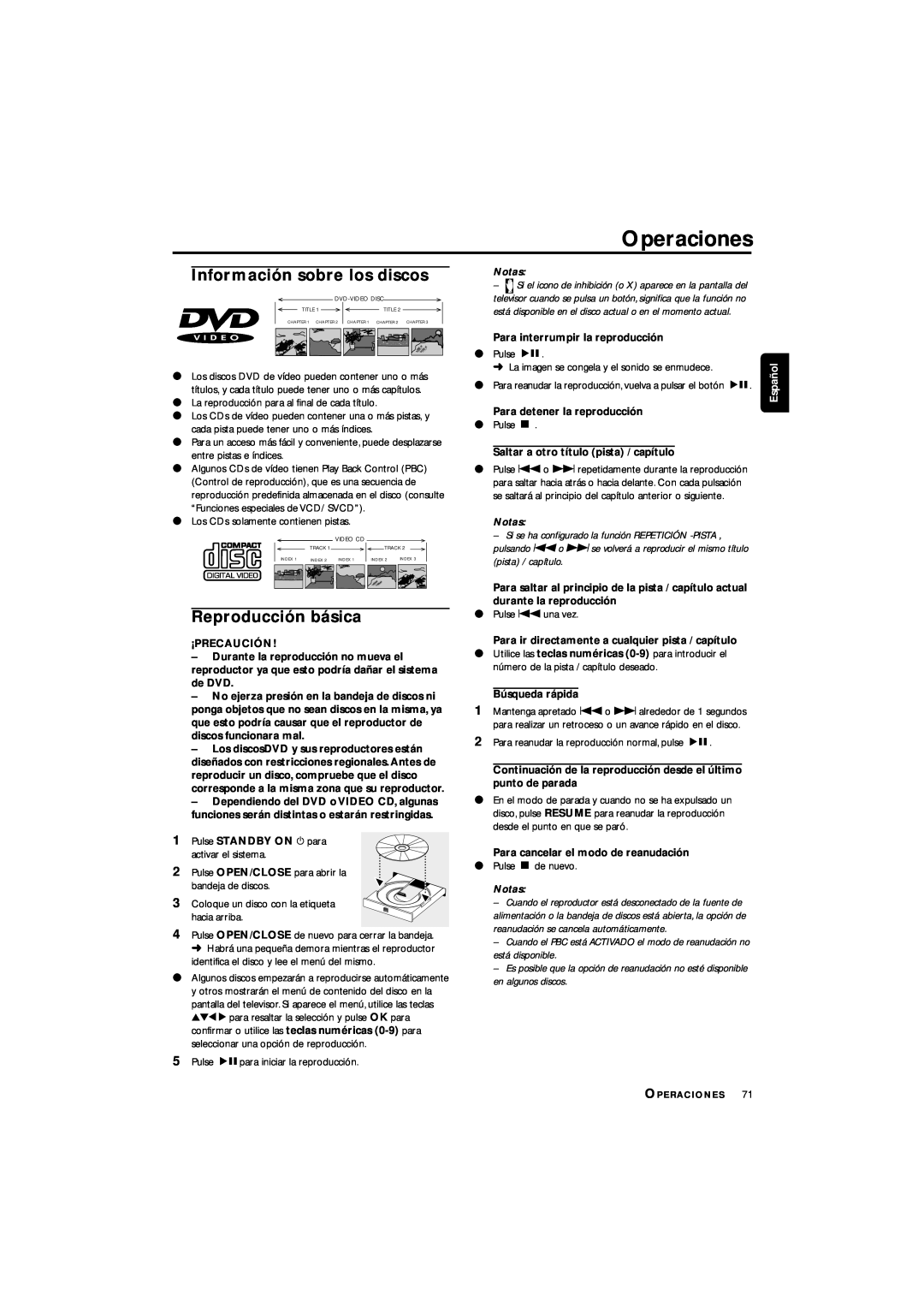 Philips LX3700D manual Operaciones, Información sobre los discos, Reproducción básica, Español 
