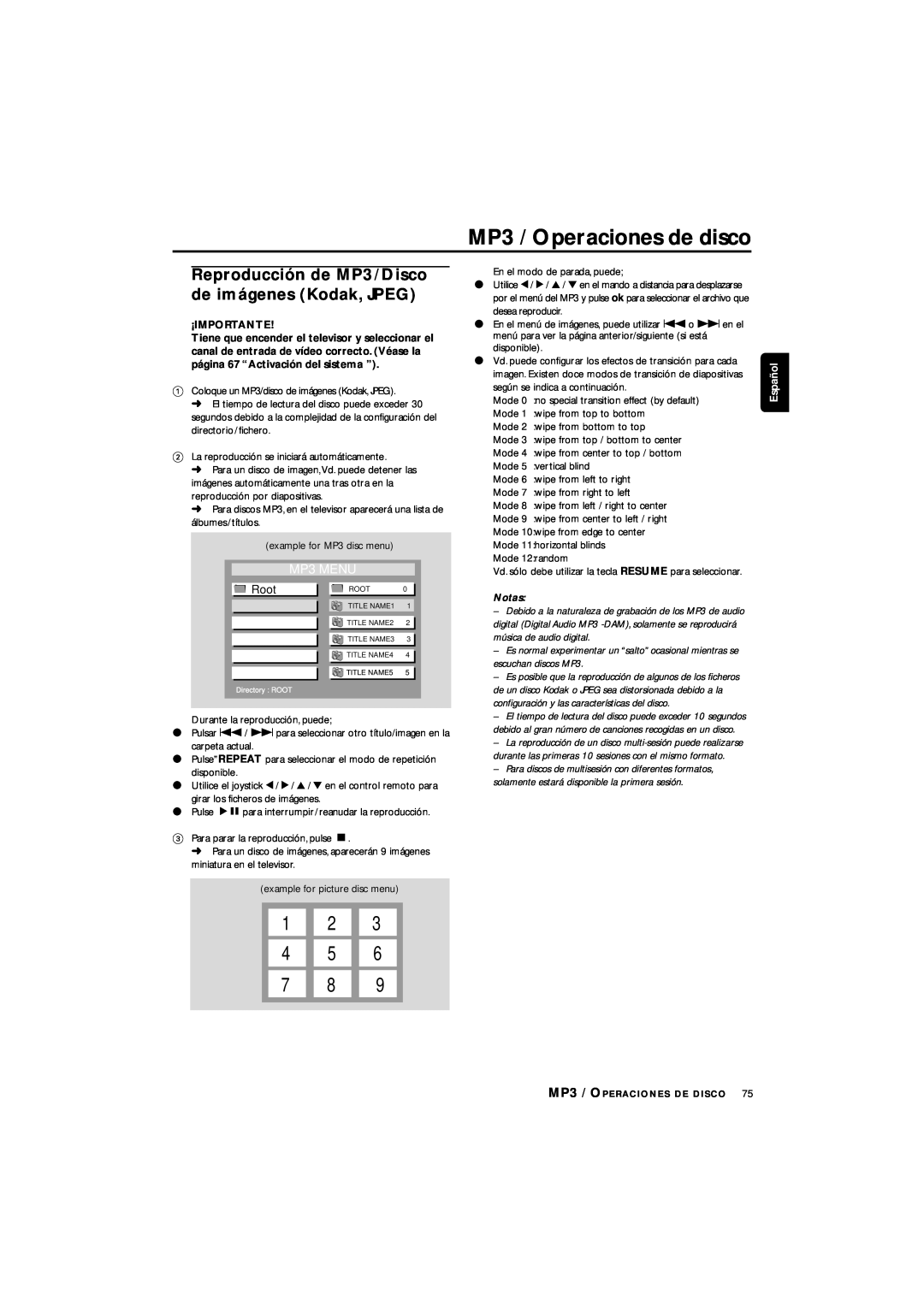 Philips LX3700D manual MP3 / Operaciones de disco, 1 2 4 5 7, MP3 MENU, Root, Español 