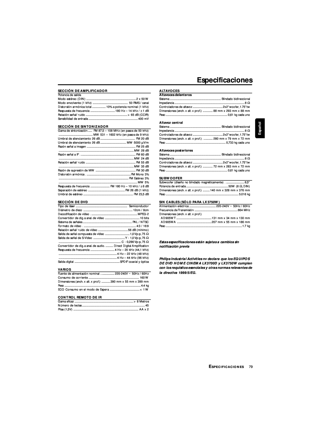 Philips LX3700D manual Especificaciones, Español 