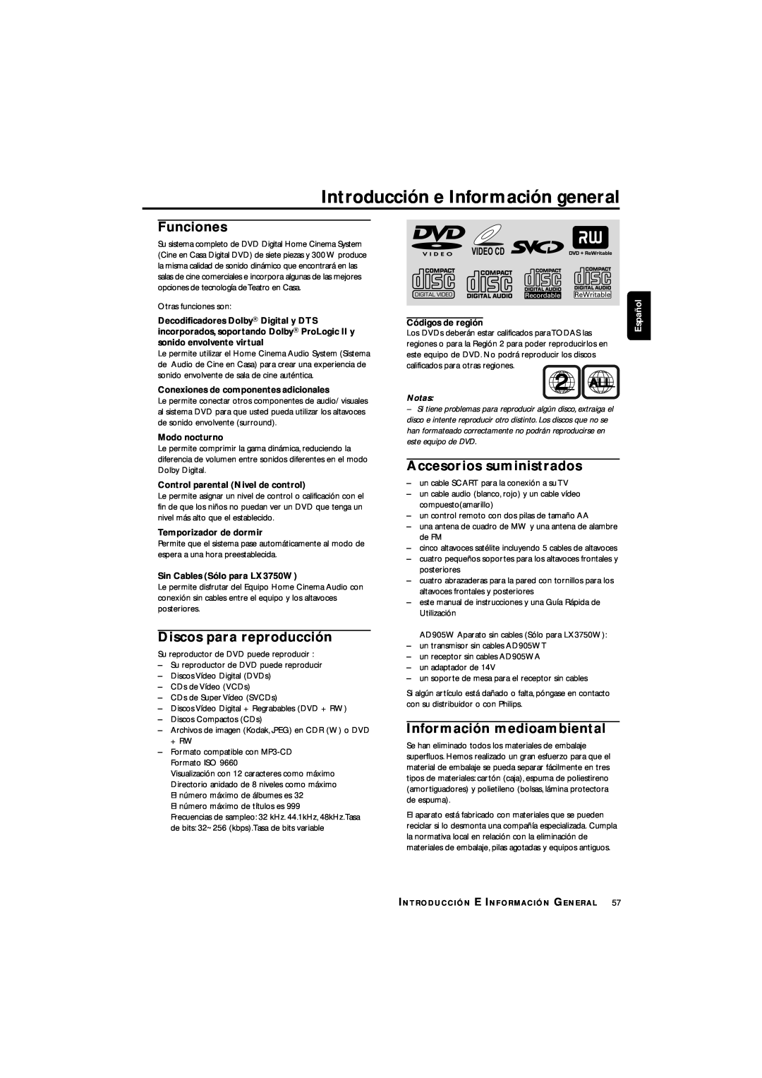 Philips LX3700D Introducción e Información general, Funciones, Discos para reproducción, Accesorios suministrados, 2 ALL 