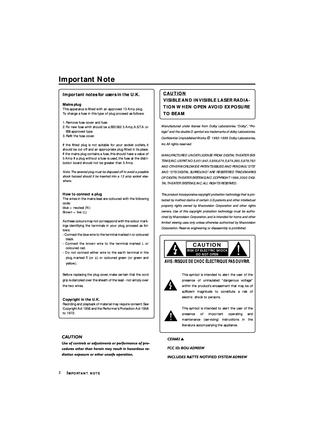 Philips LX3700D manual Important Note, Important notes for users in the U.K, Visible And Invisible Laser Radia 