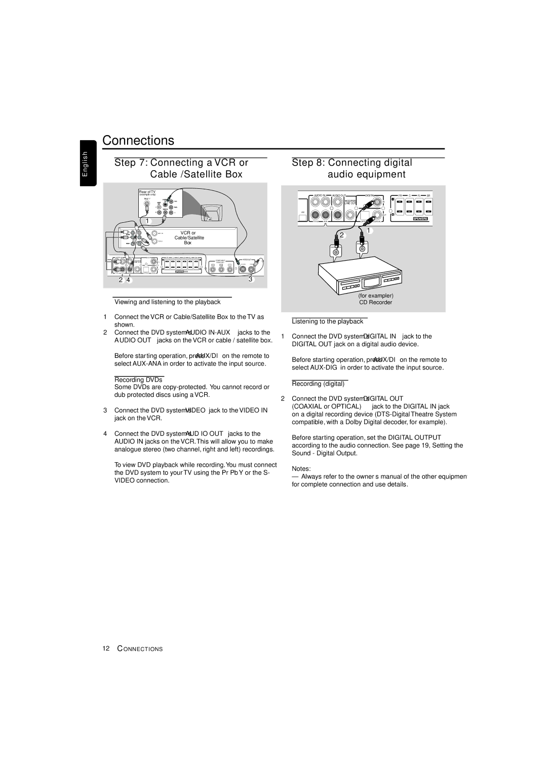 Philips LX3750W warranty Connecting a VCR or Cable /Satellite Box, Connecting digital audio equipment 