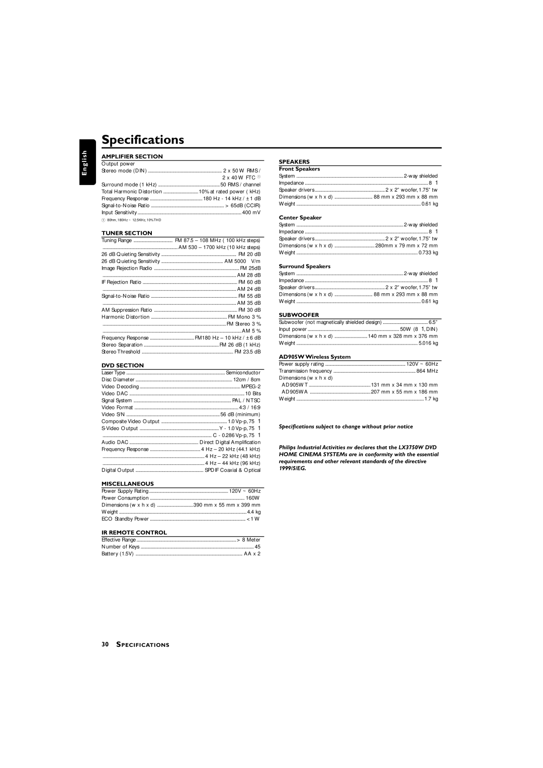 Philips LX3750W warranty Specifications, Amplifier Section 