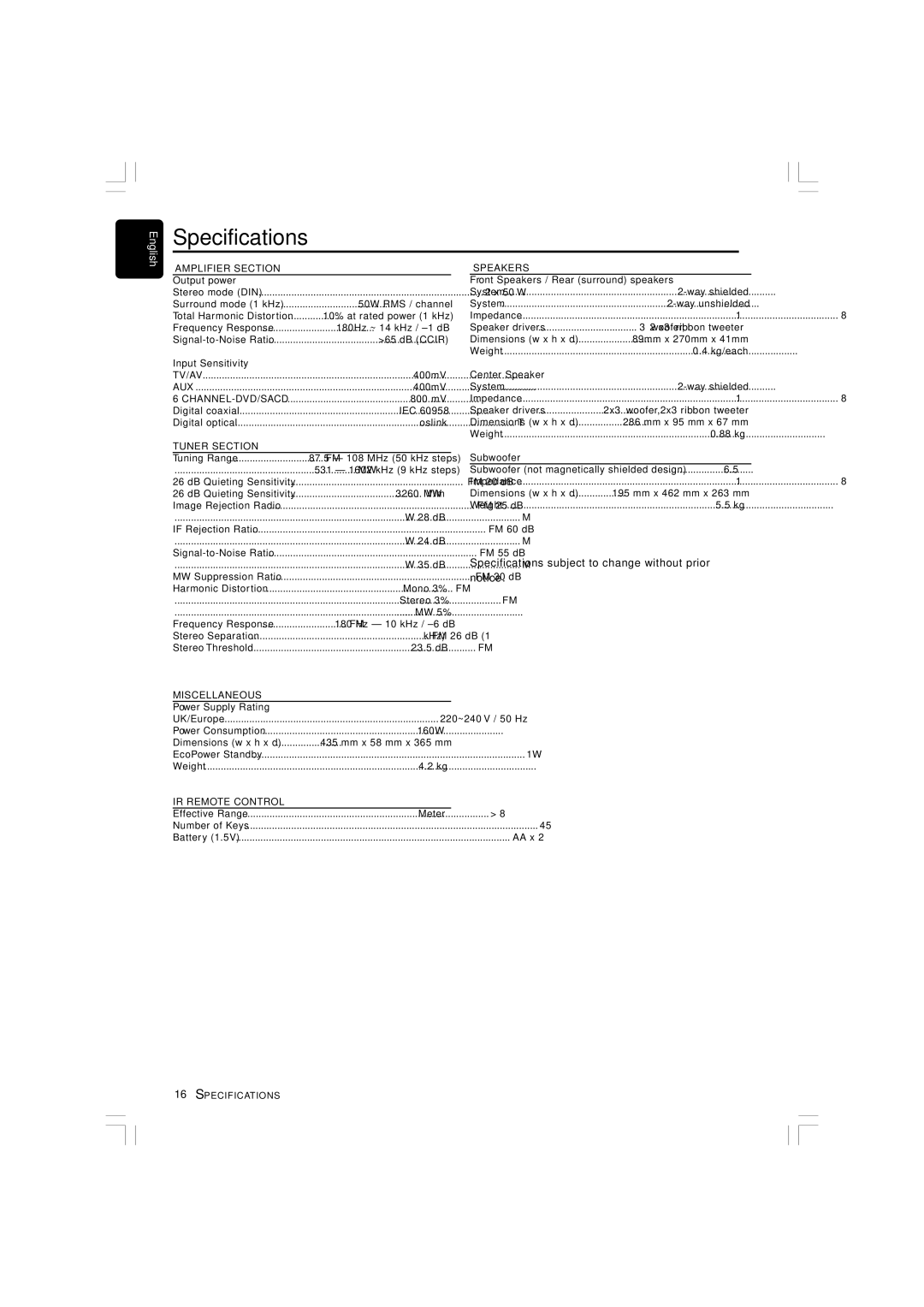 Philips LX700 manual Specifications, Amplifier Section 