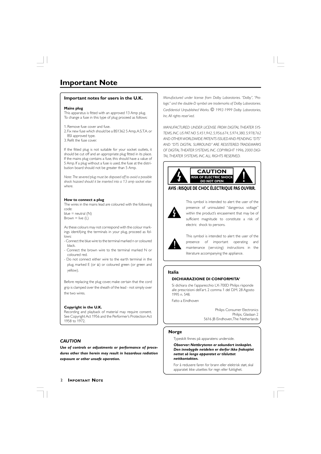 Philips LX700 manual Important Note, Mains plug, How to connect a plug, Copyright in the U.K, Dichiarazione DI CONFORMITA’ 