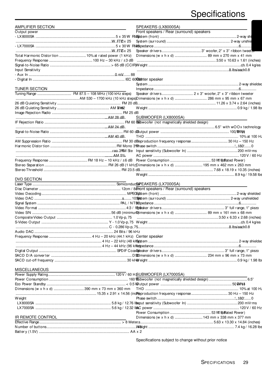 Philips LX7000SA warranty Specifications, Amplifier Section 