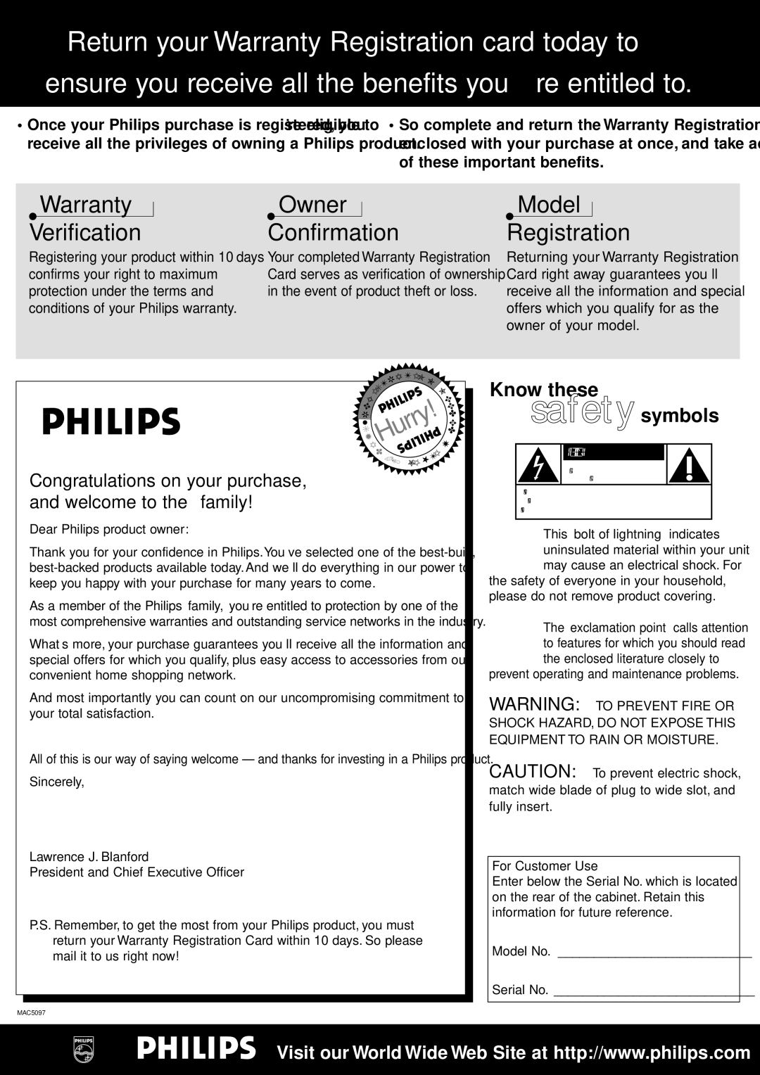 Philips LX7000SA warranty Dear Philips product owner, For Customer Use 