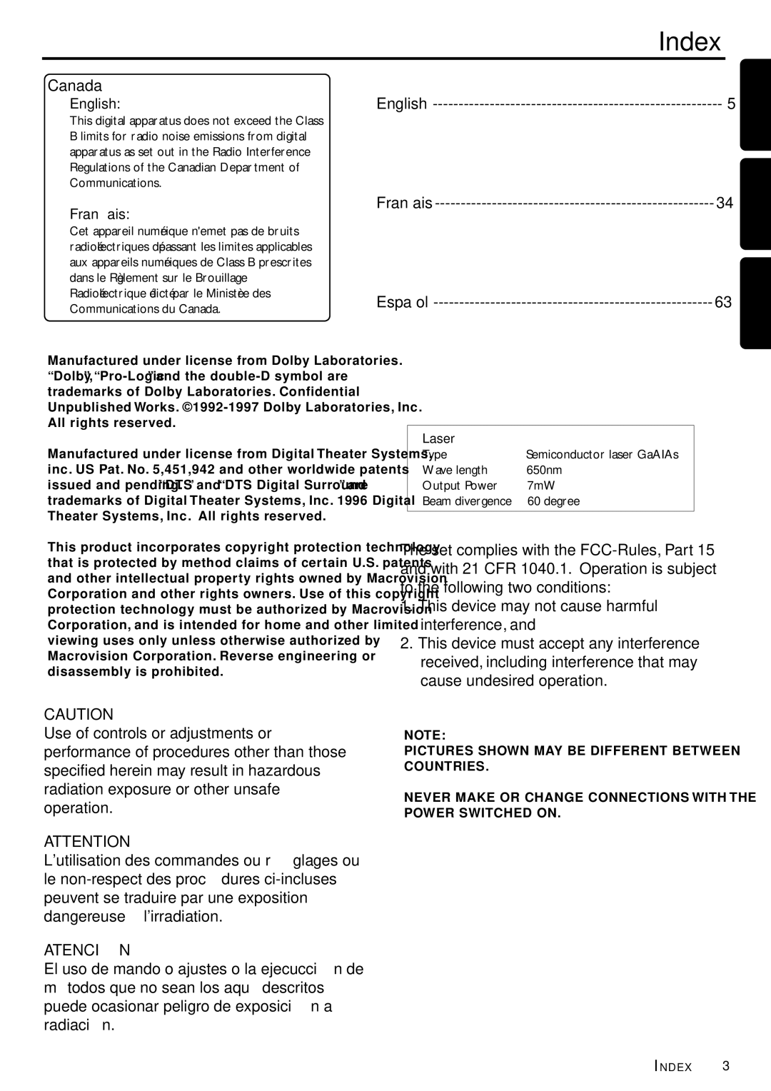 Philips LX7000SA warranty Index, Canada, English, Français 