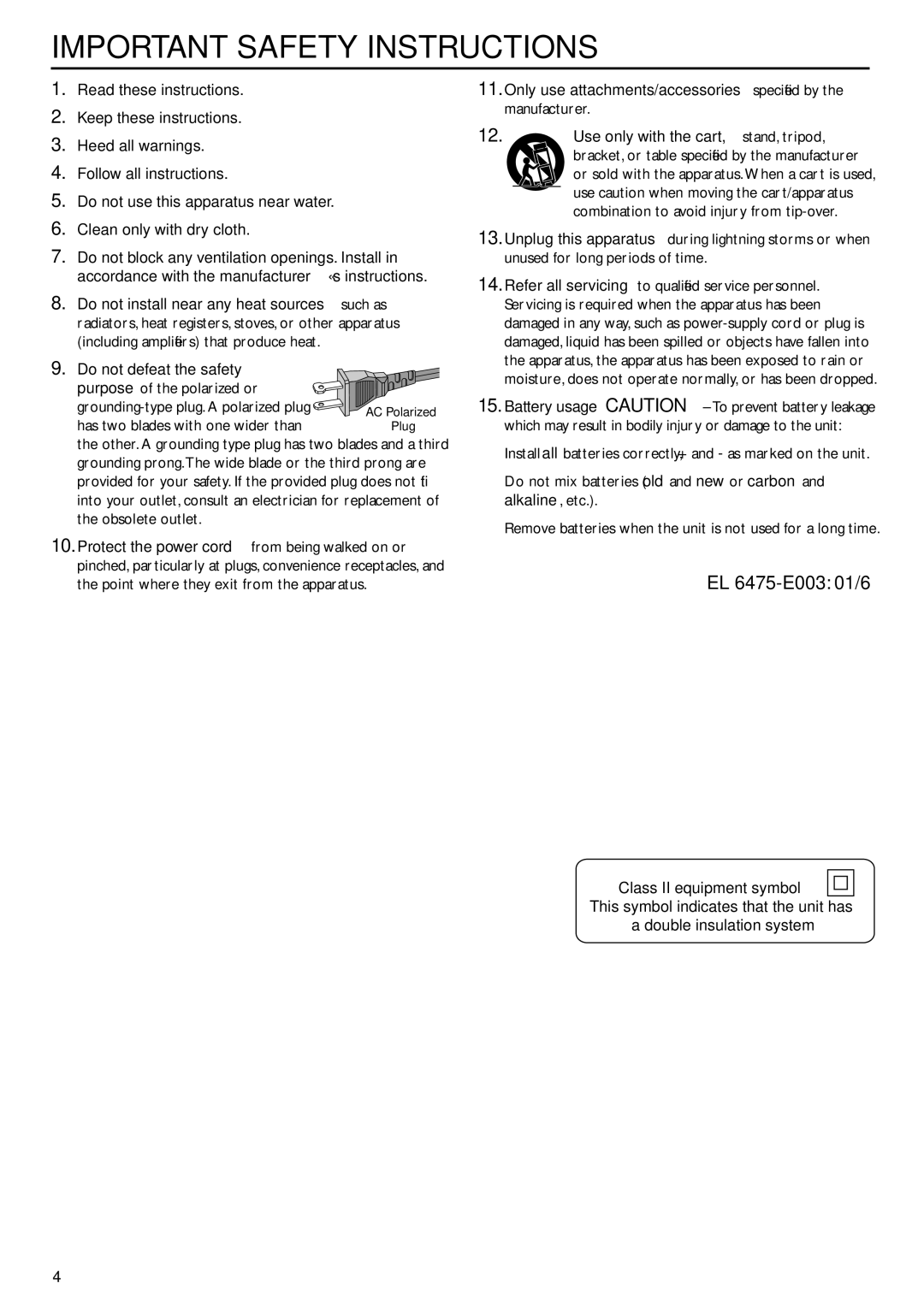 Philips LX7000SA warranty EL 6475-E003 01/6, Class II equipment symbol 