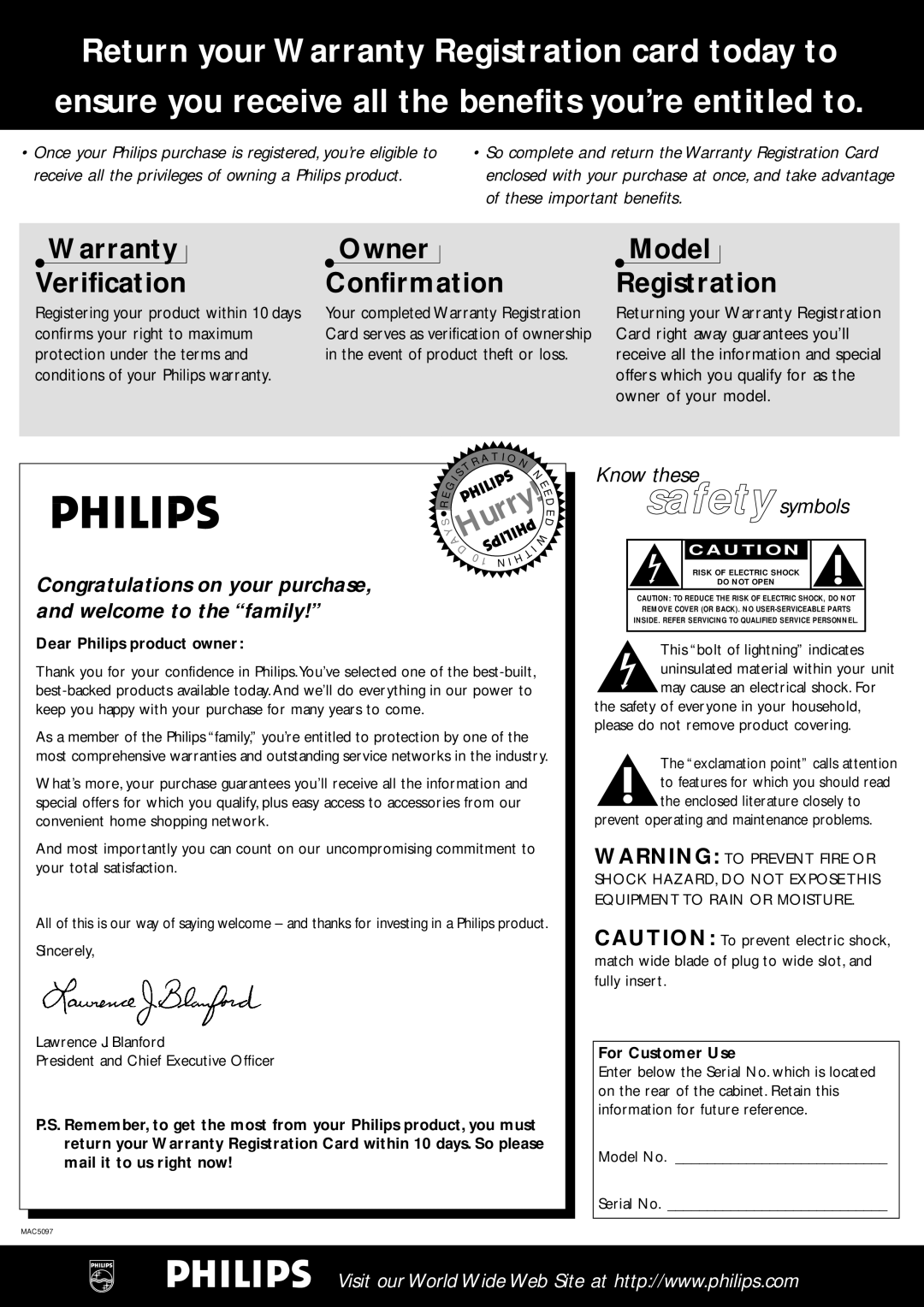 Philips LX7000SA warranty Warranty Verification, Owner Confirmation, Model Registration, Hurry, Know these safety symbols 