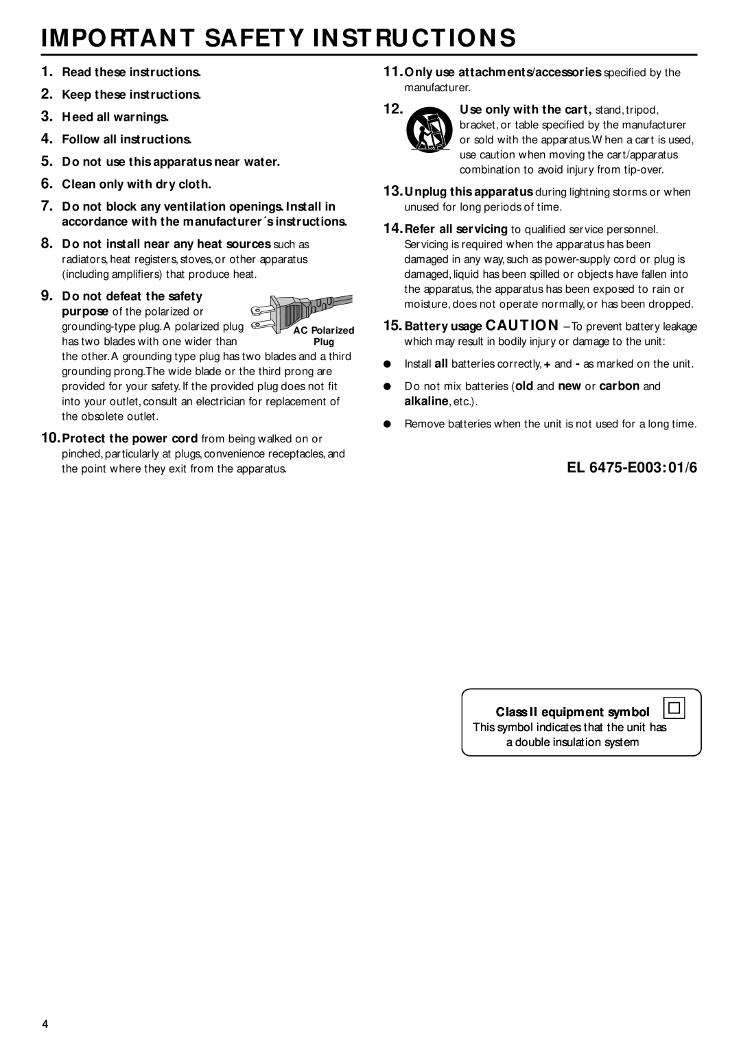 Philips LX7000SA warranty Important Safety Instructions, EL 6475-E003 01/6 