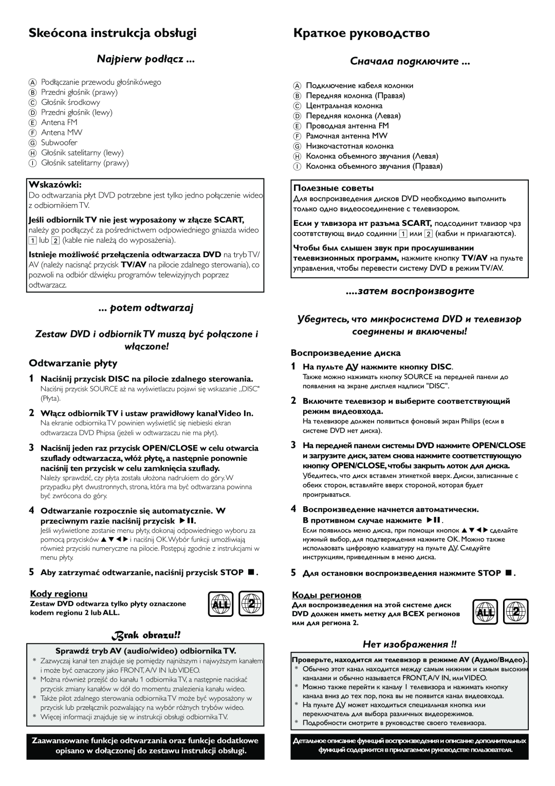 Philips LX7100SA/22 manual Skeócona instrukcja obsługi, Краткое руководство, Najpierw podłącz, potem odtwarzaj, Brak obrazu 
