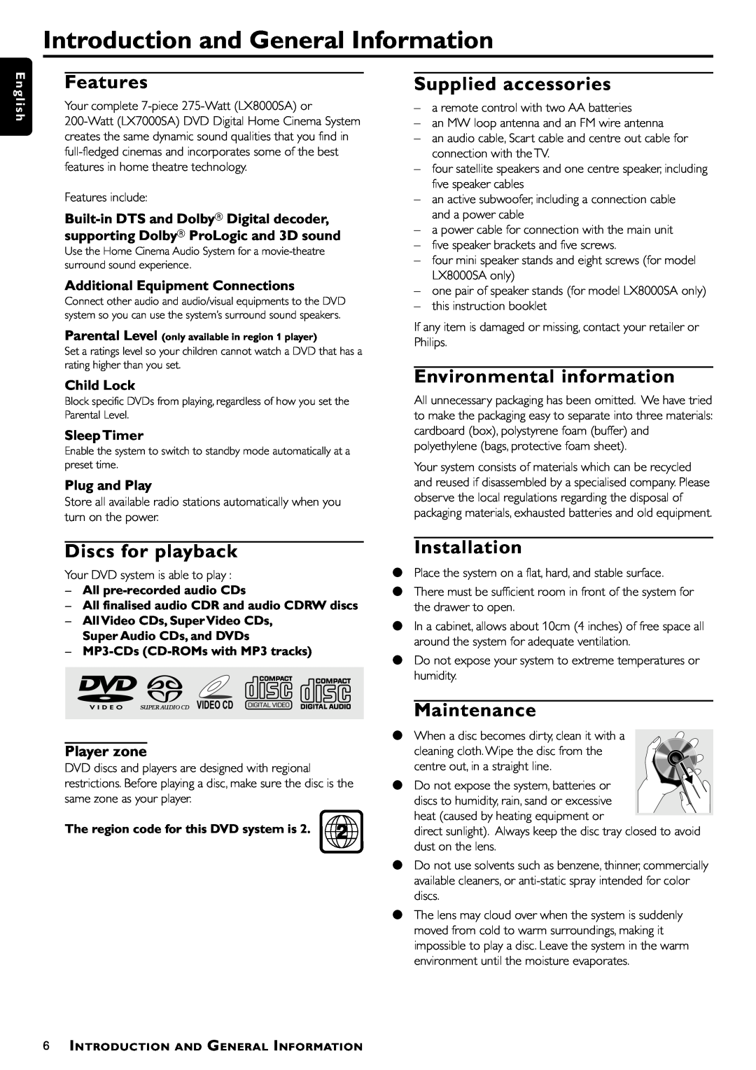 Philips LX8000SA manual Introduction and General Information, Player zone, Additional Equipment Connections, Child Lock 