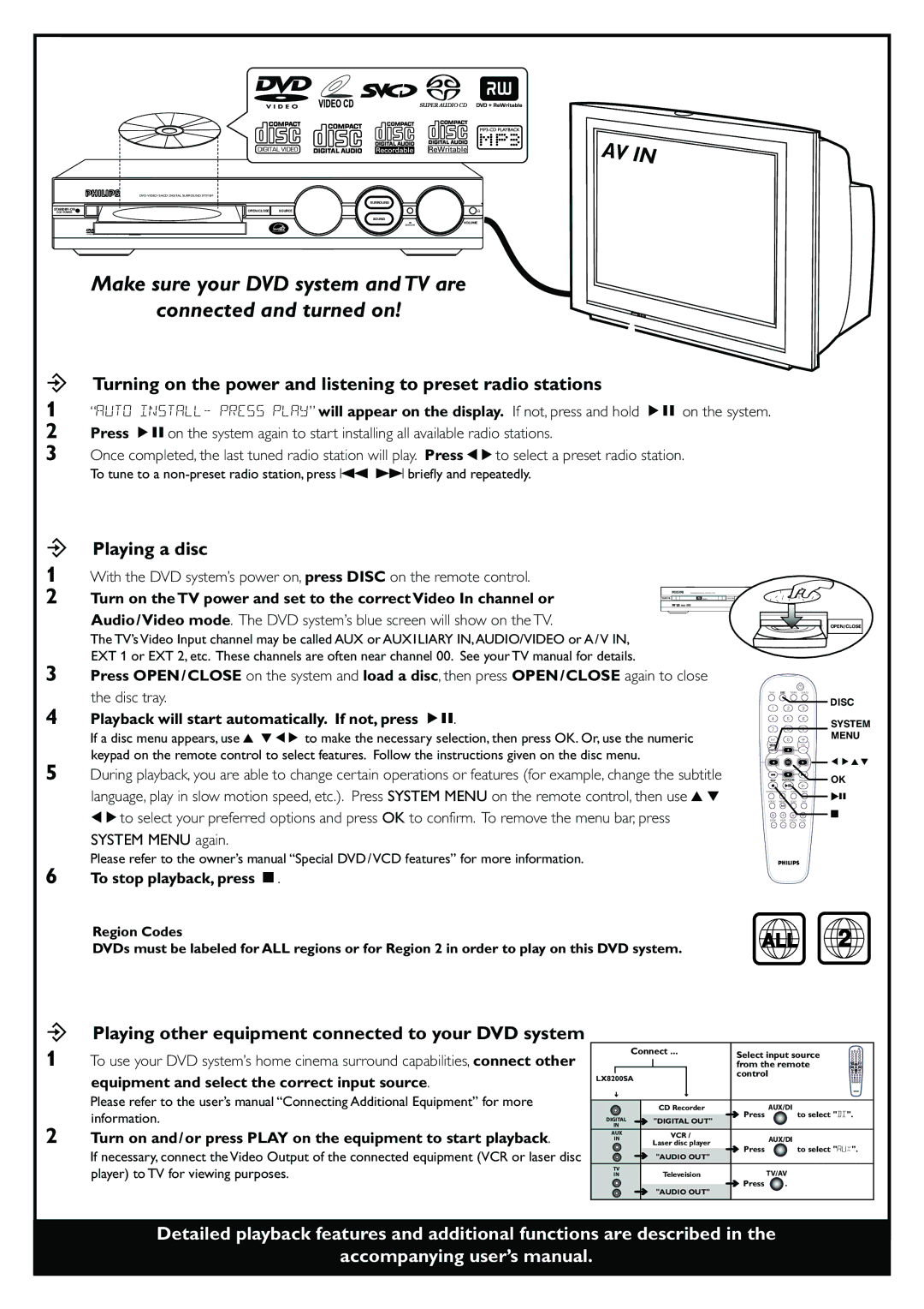 Philips LX8200SA/22 manual Turning on the power and listening to preset radio stations, Playing a disc 