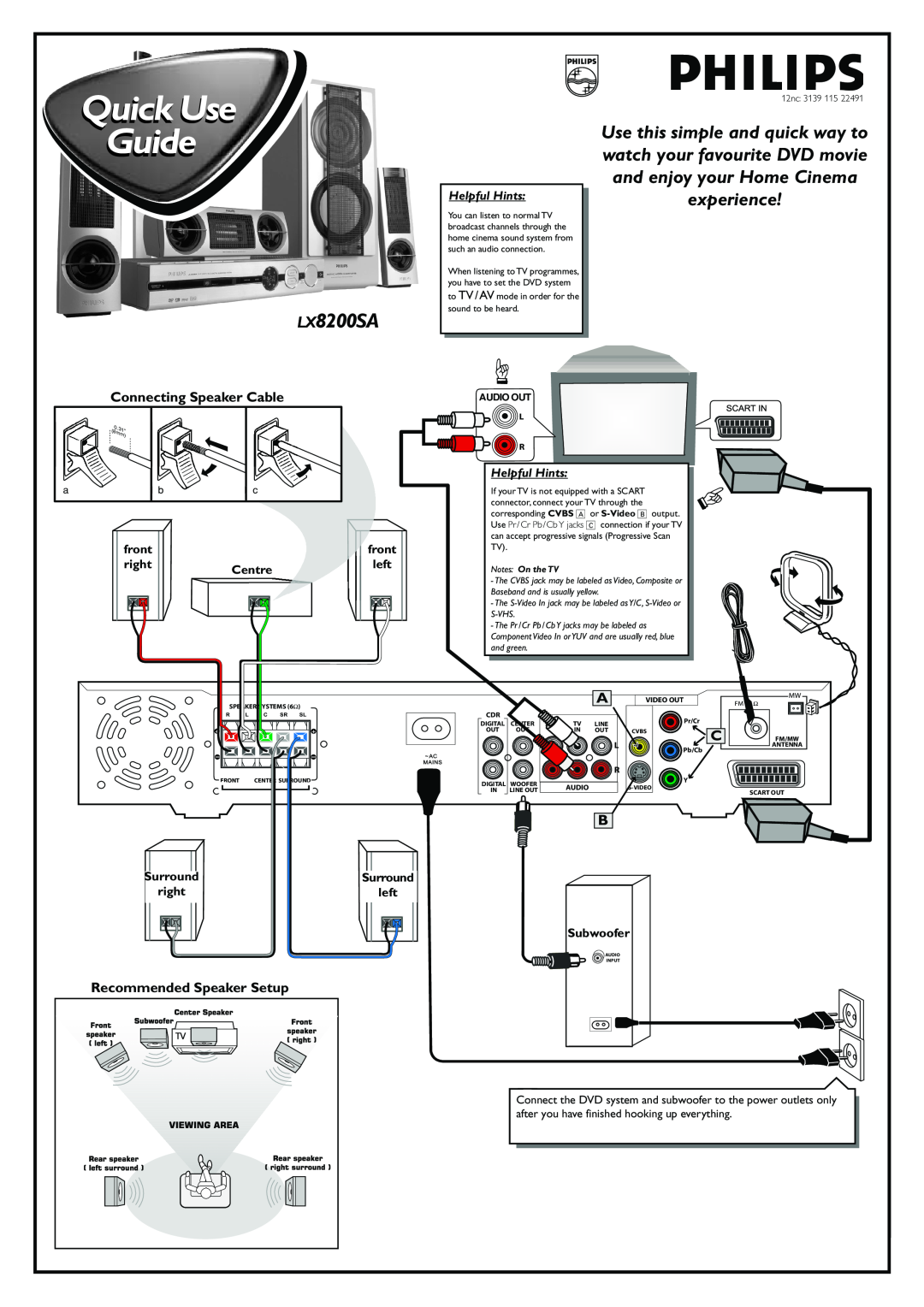 Philips LX8200SA manual Quick Use Guide, Connecting Speaker Cable, Recommended Speaker Setup, Helpful Hints, front, right 