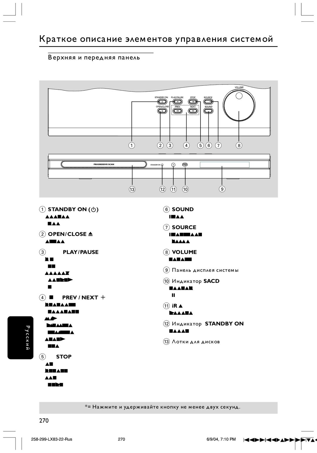 Philips LX8300SA user manual Верхняя и передняя панель, Standby on B Sound, Source OPEN/CLOSE, ÉÅ PLAY/PAUSE Volume, Stop 