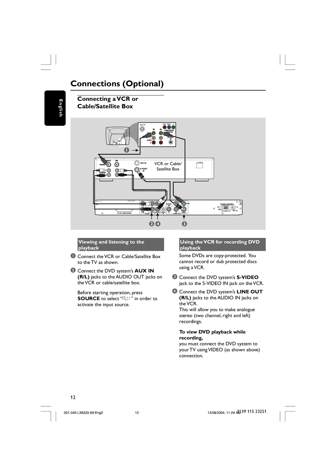 Philips LX8320 Connections Optional, Connecting a VCR or Cable/Satellite Box, Viewing and listening to the playback 