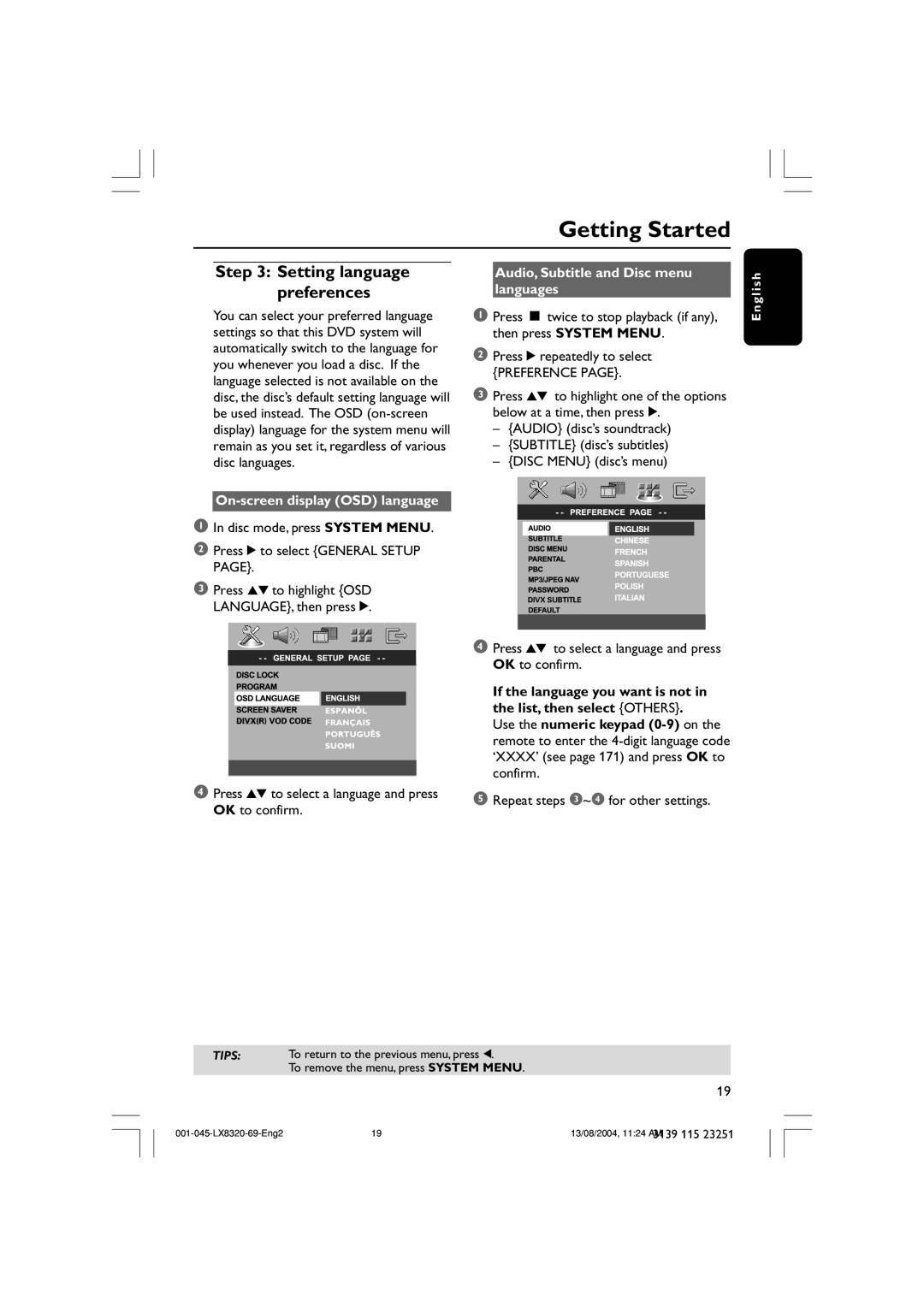 Philips LX8320 user manual Audio, Subtitle and Disc menu languages, Press 34 to select a language and press OK to confirm 