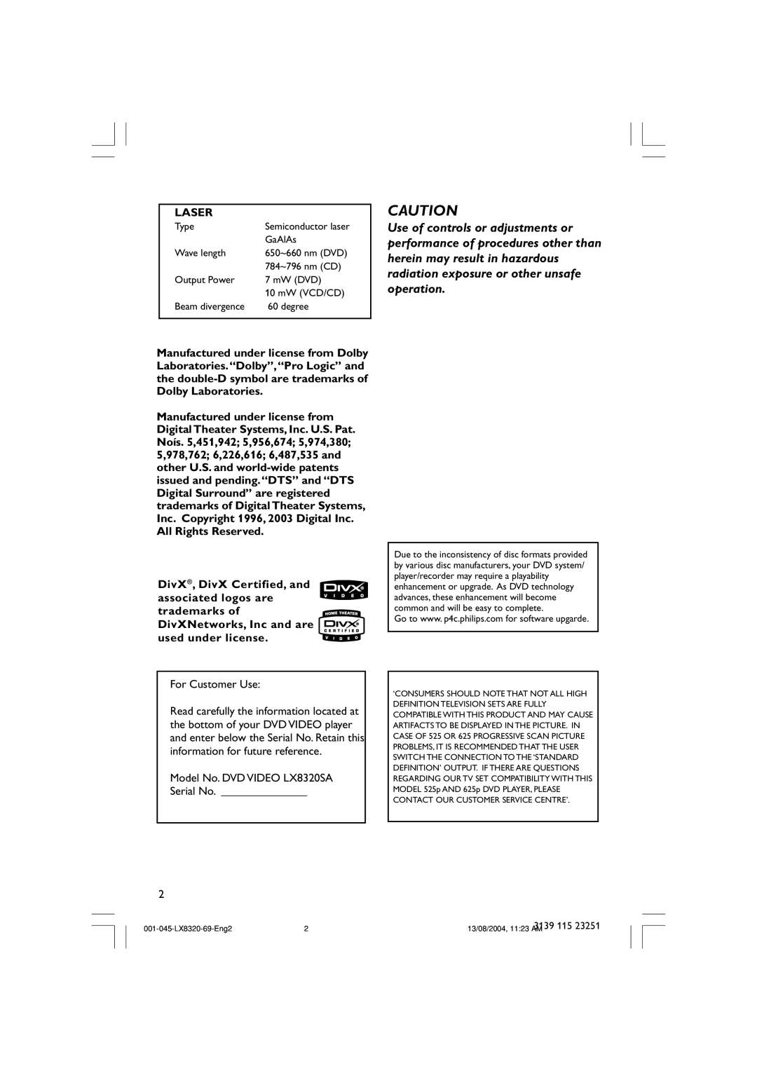 Philips LX8320 user manual Laser, For Customer Use 