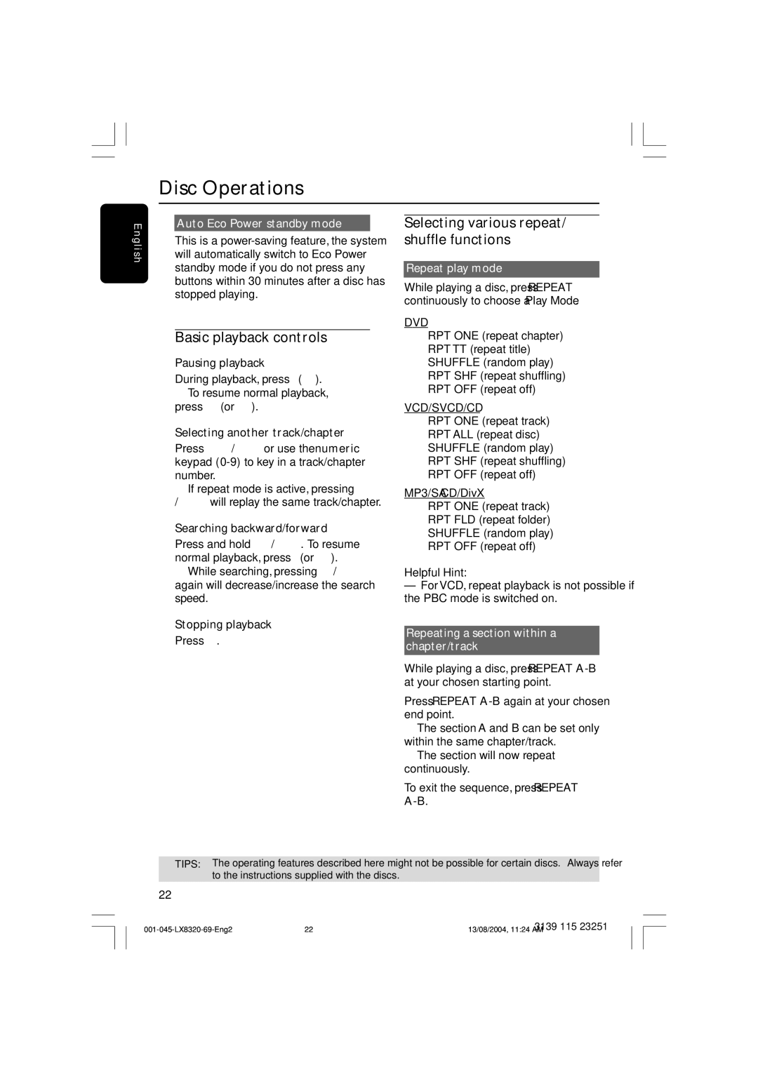 Philips LX8320 Basic playback controls, Selecting various repeat/ shuffle functions, Auto Eco Power standby mode 