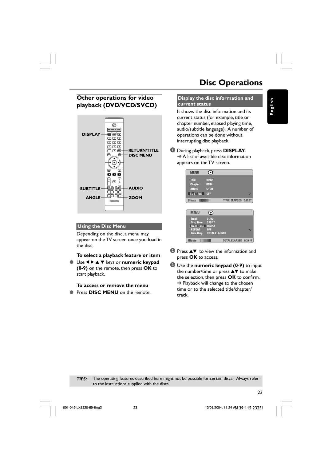 Philips LX8320 user manual Other operations for video, Playback DVD/VCD/SVCD, Display the disc information, Current status 