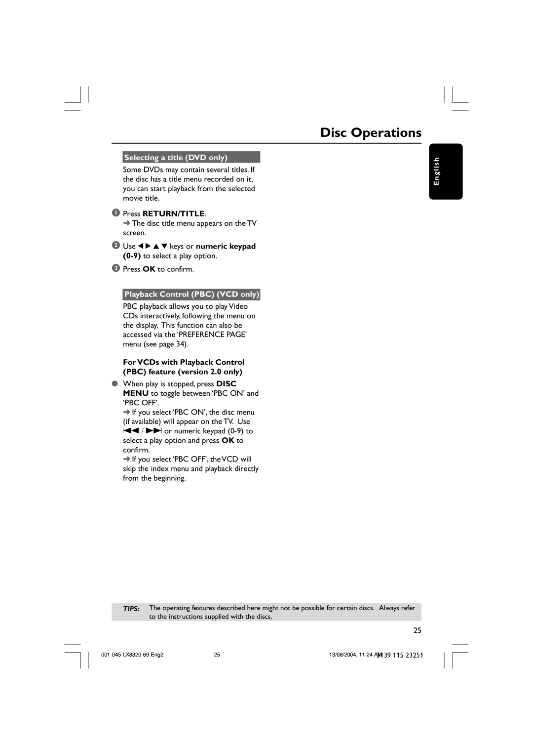 Philips LX8320 user manual Selecting a title DVD only, Press RETURN/TITLE, Playback Control PBC VCD only 