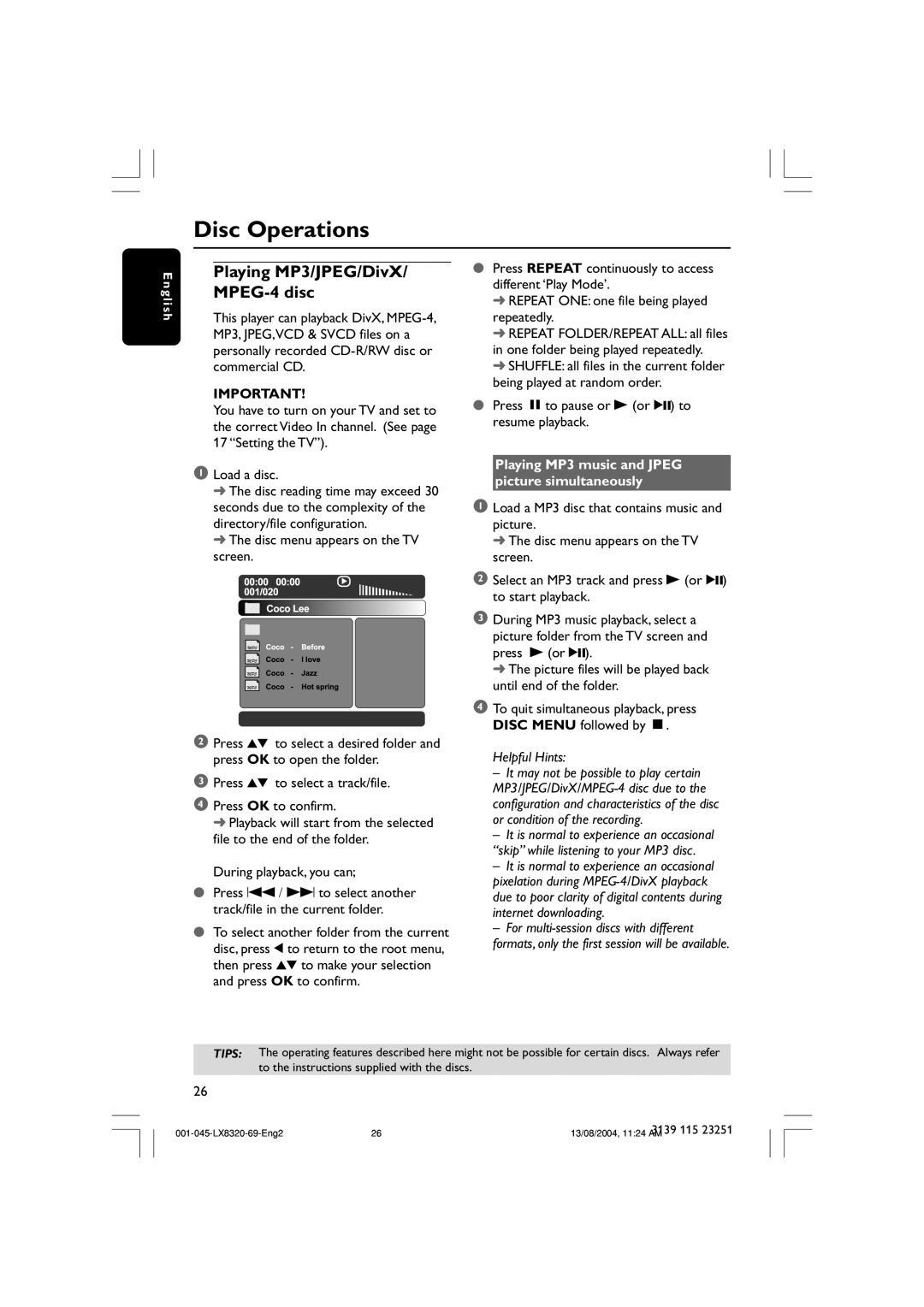 Philips LX8320 user manual Playing MP3/JPEG/DivX/ MPEG-4 disc, Disc menu appears on the TV screen 