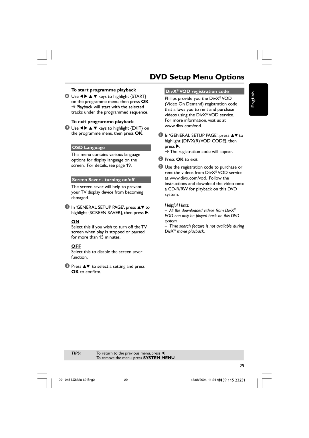 Philips LX8320 user manual OSD Language, Screen Saver turning on/off, Off, DivX VOD registration code 