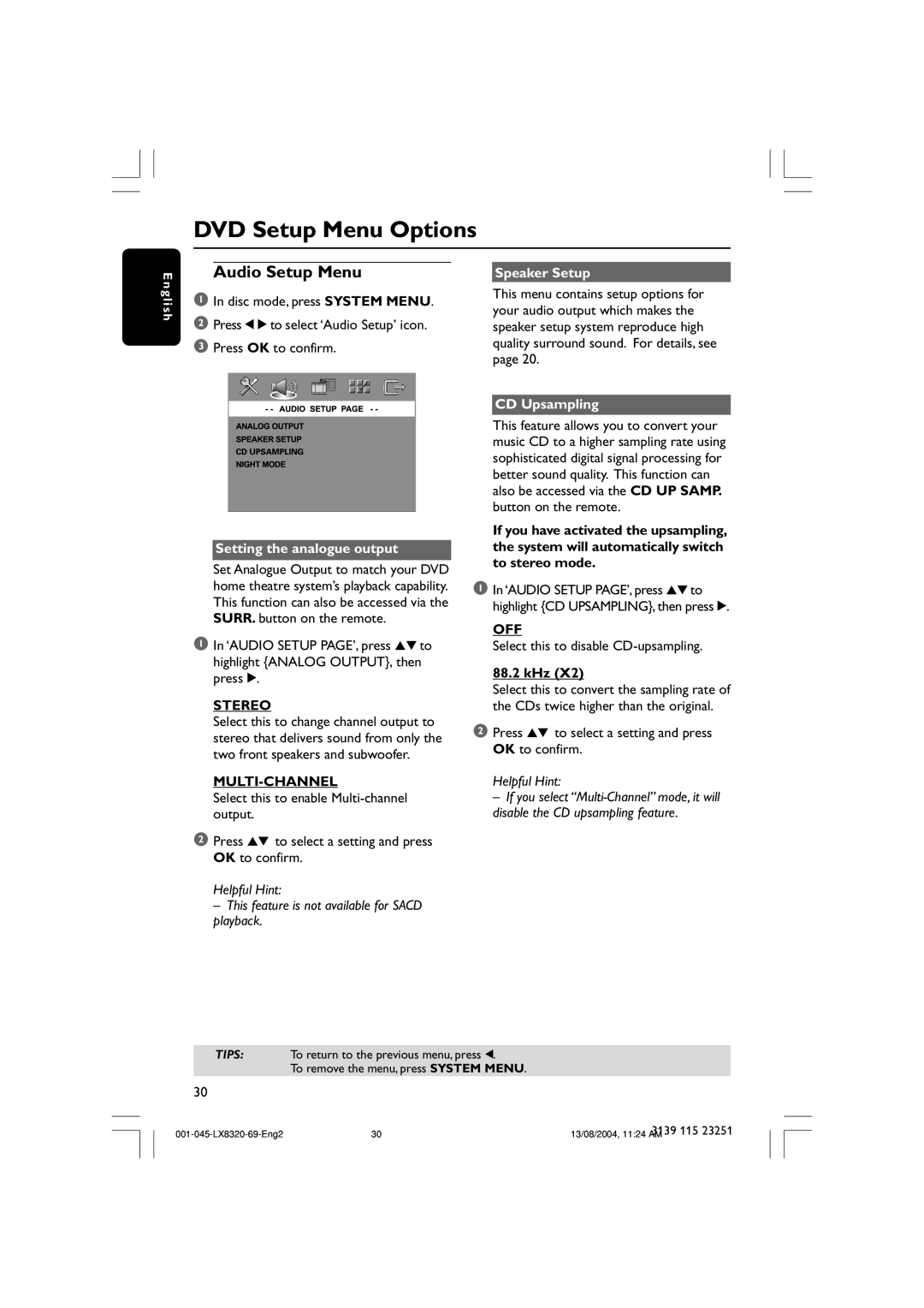 Philips LX8320 user manual Audio Setup Menu, Stereo, Multi-Channel 