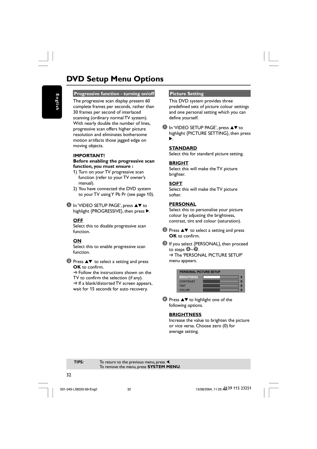 Philips LX8320 user manual Standard, Soft, Personal, Brightness 