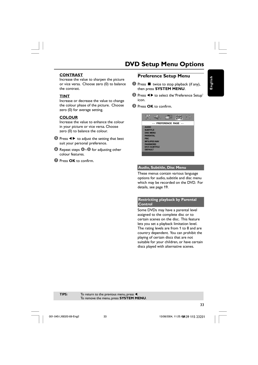 Philips LX8320 user manual Preference Setup Menu, Contrast, Tint, Colour 