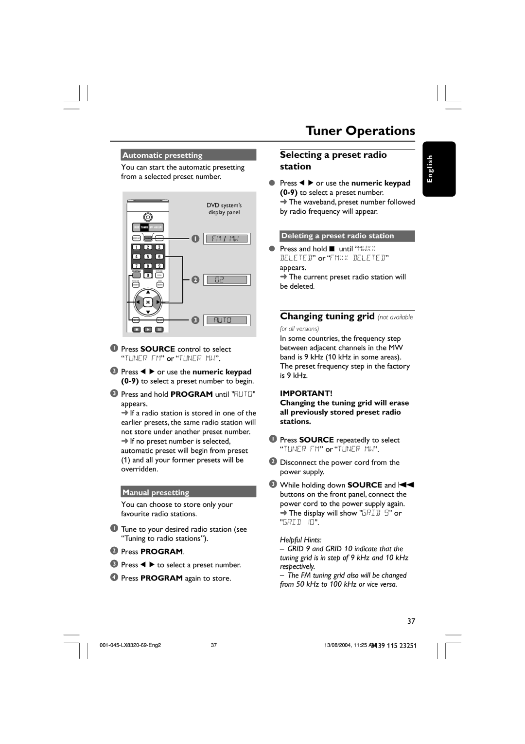 Philips LX8320 user manual Selecting a preset radio station, Changing tuning grid not available, Automatic presetting 