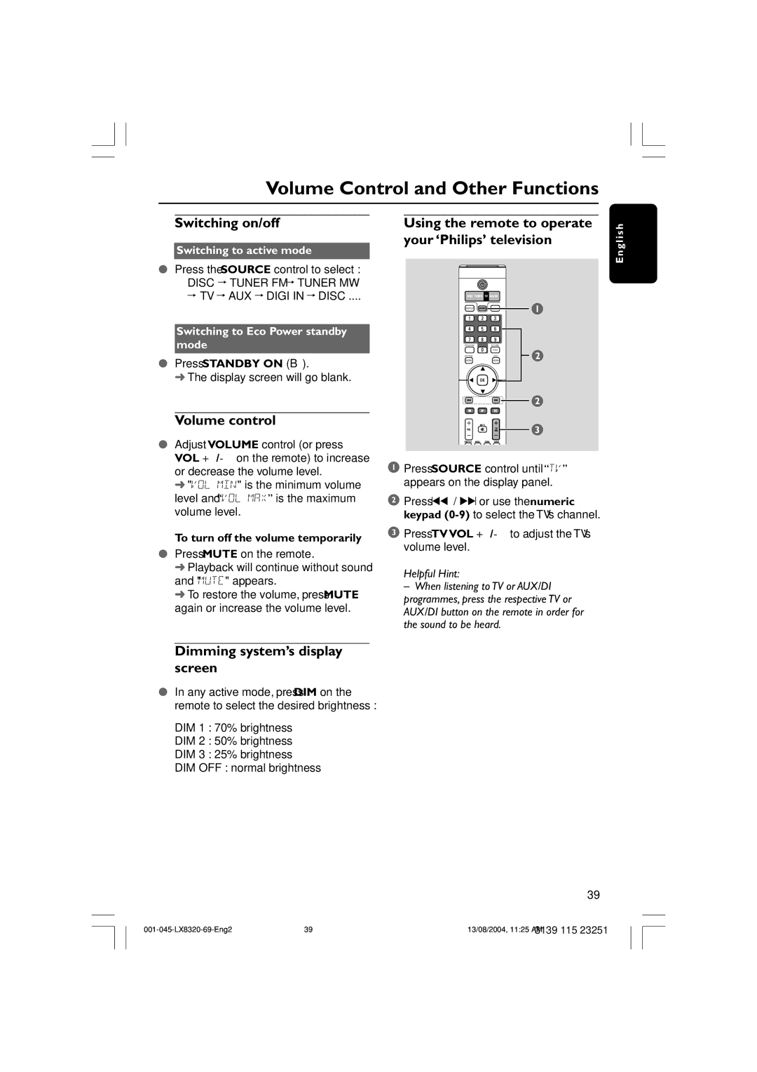 Philips LX8320 user manual Volume Control and Other Functions, Switching on/off, Your ‘Philips’ television, Volume control 