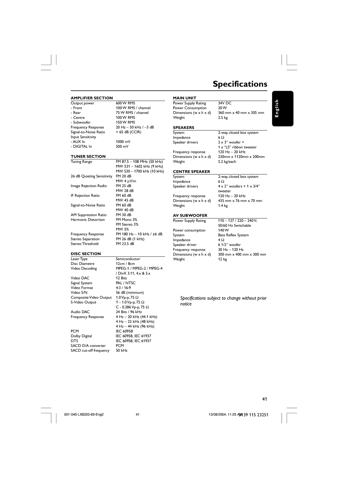 Philips LX8320 user manual Specifications, Amplifier Section 