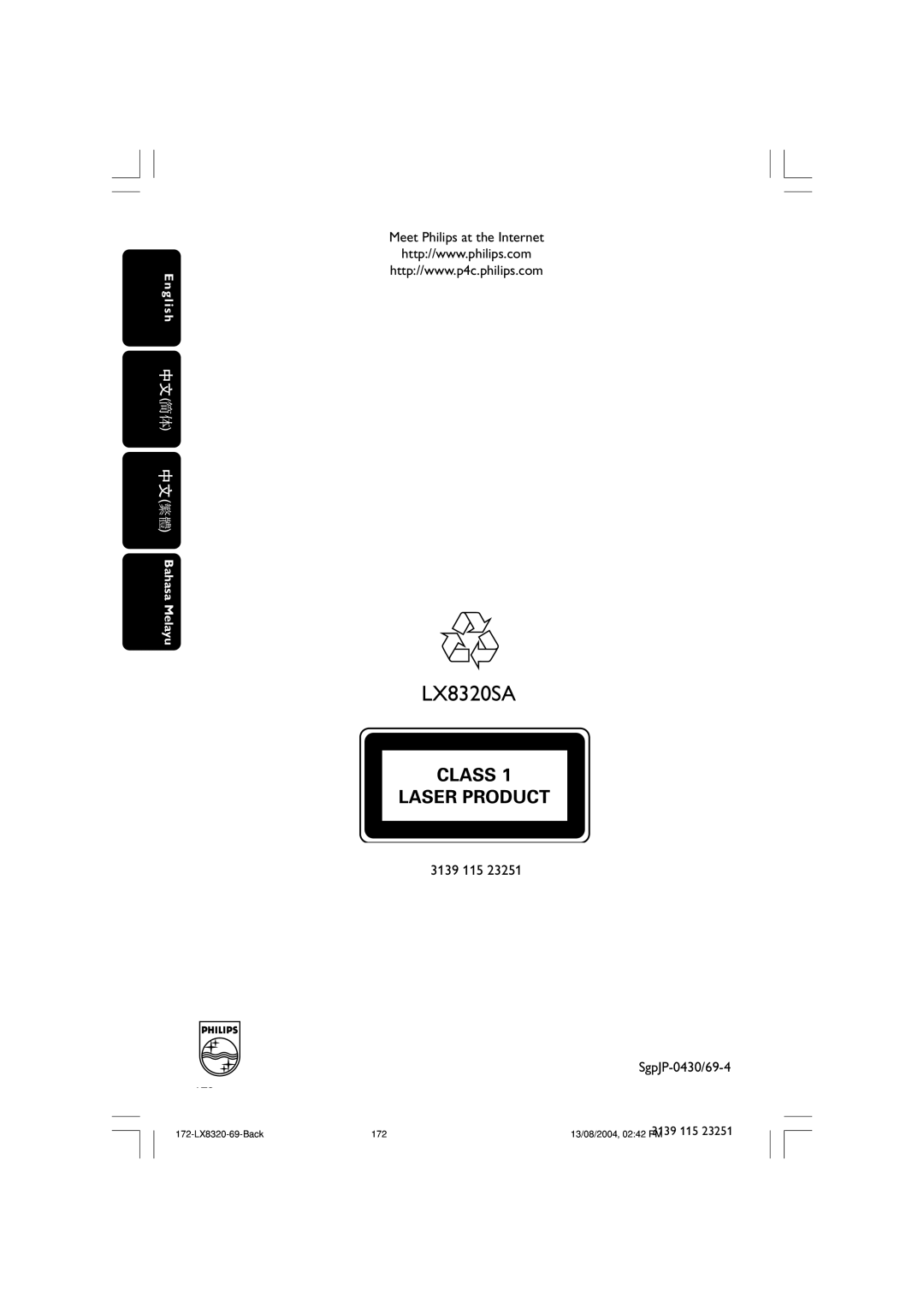 Philips LX8320 user manual Meet Philips at the Internet, 3139 115 SgpJP-0430/69-4 