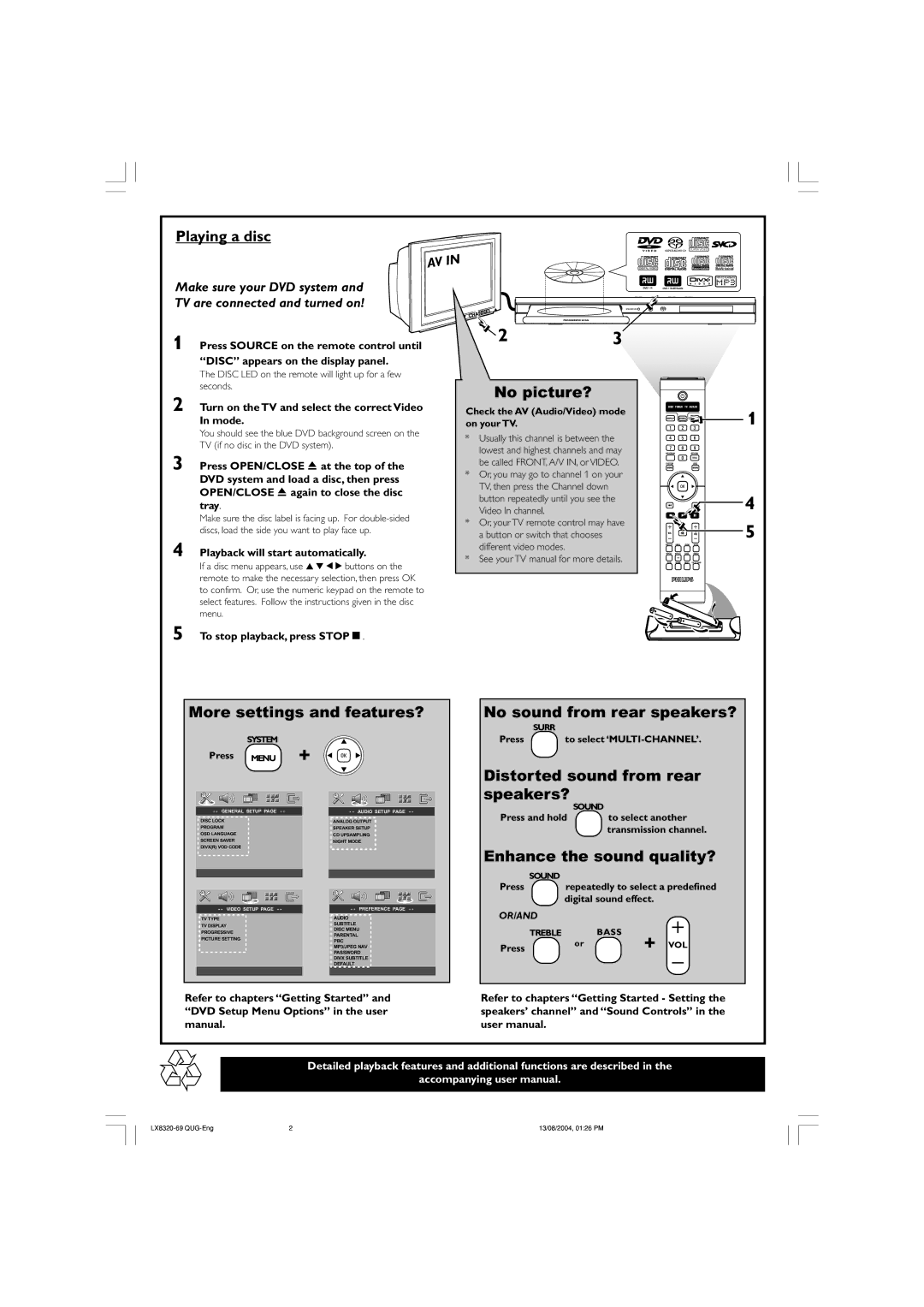 Philips LX8320 user manual Check the AV Audio/Video mode on your TV, Press Menu +, Press To select ‘MULTI-CHANNEL’ 