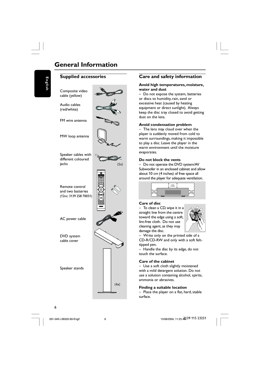 Philips LX8320 user manual General Information, Supplied accessories, Care and safety information 