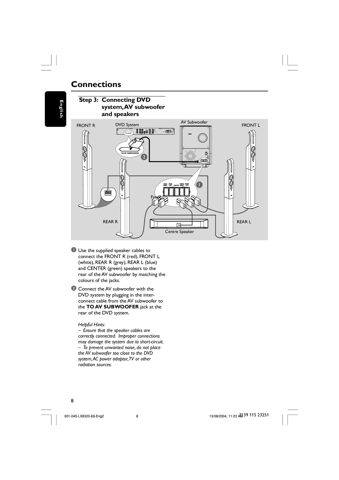 Philips LX8320 user manual Connections, Connecting DVD system,AV subwoofer and speakers 