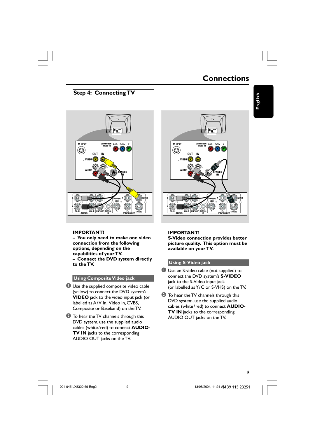 Philips LX8320 Connecting TV, Using Composite Video jack, Using S-Video jack, Or labelled as Y/C or S-VHS on the TV 