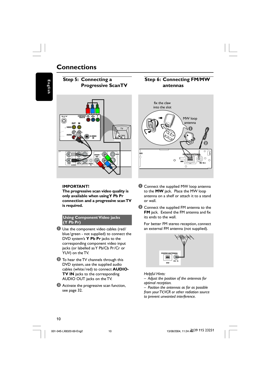 Philips LX8320 user manual Connecting FM/MW antennas, Connecting a Progressive ScanTV, Connections, Helpful Hints, English 