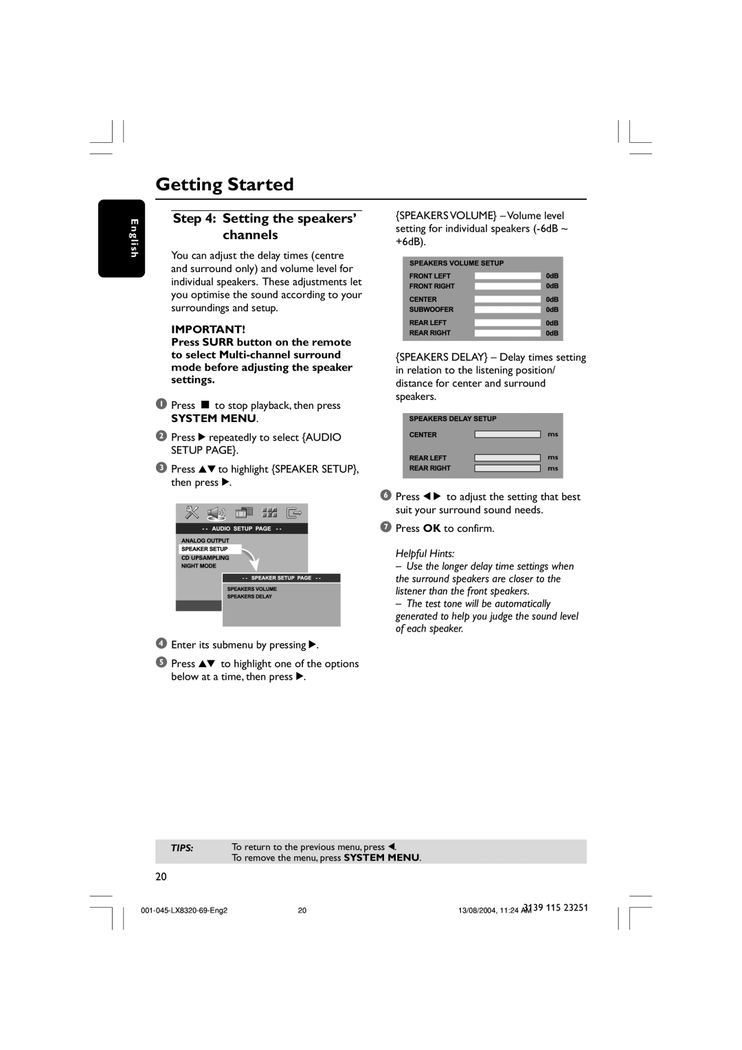 Philips LX8320 user manual Setting the speakers’ channels, Getting Started, System Menu, English 