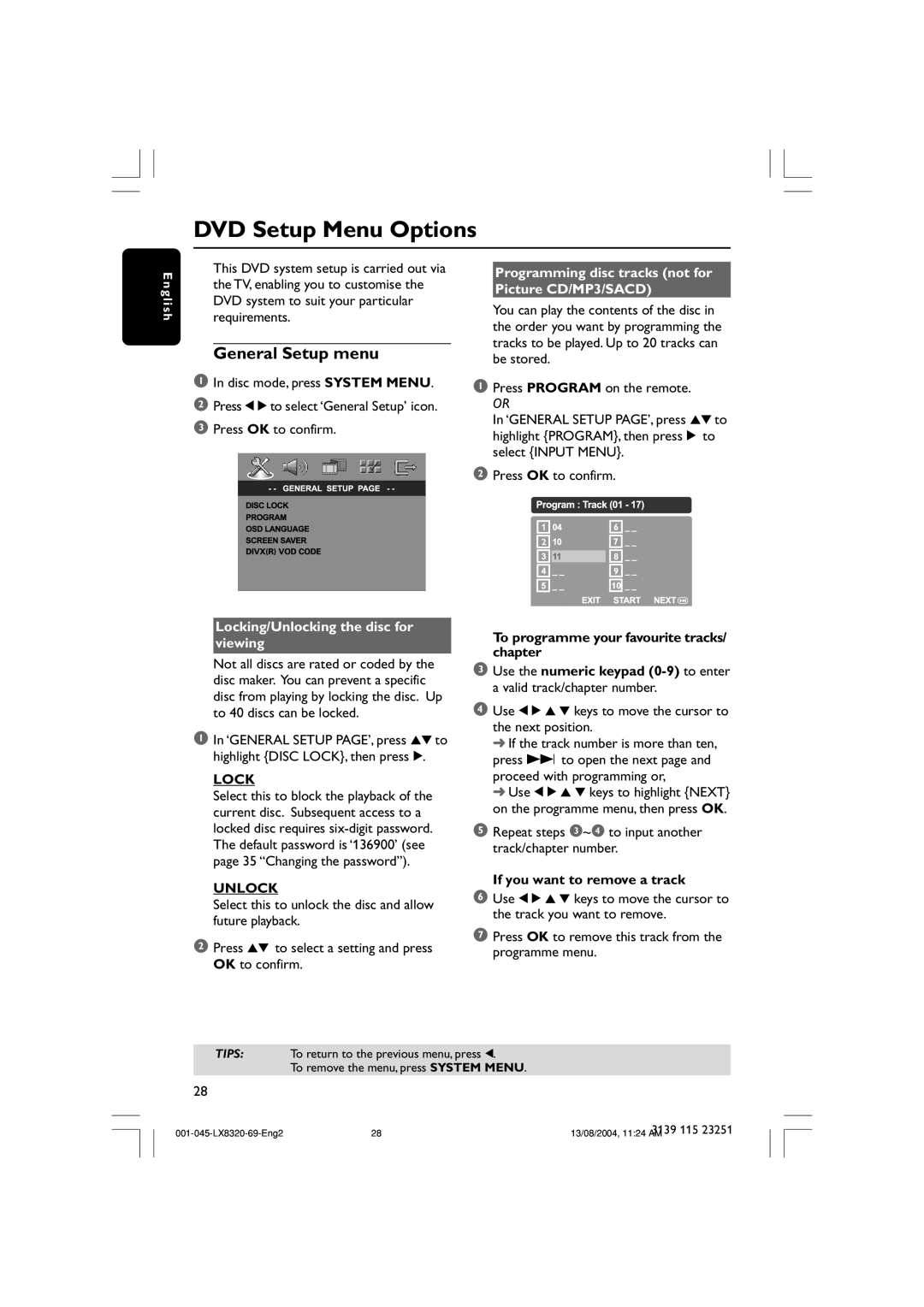 Philips LX8320 user manual DVD Setup Menu Options, General Setup menu, Locking/Unlocking the disc for viewing 